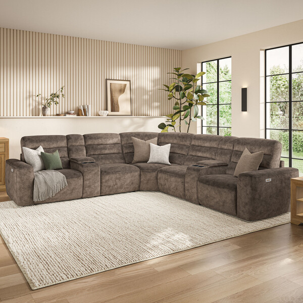 Dapple Chocolate Fabric Sofas - Modular 5 Seat Corner Recliner - Cohen Range - Oak Furnitureland