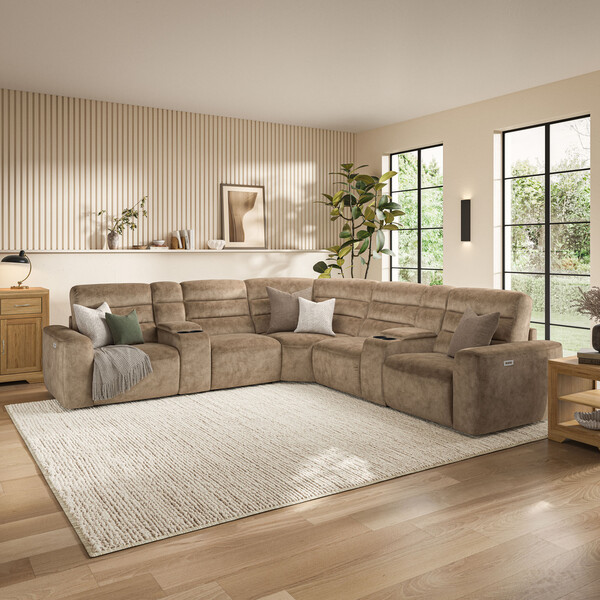 Dapple Taupe Fabric Sofas - Modular 5 Seat Corner Recliner - Cohen Range - Oak Furnitureland