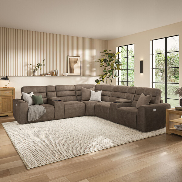 Miller Earth Brown Fabric Sofas - Modular 5 Seat Corner Recliner - Cohen Range - Oak Furnitureland