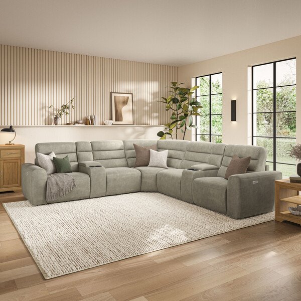 Miller Taupe Fabric Sofas - Modular 5 Seat Corner Recliner - Cohen Range - Oak Furnitureland