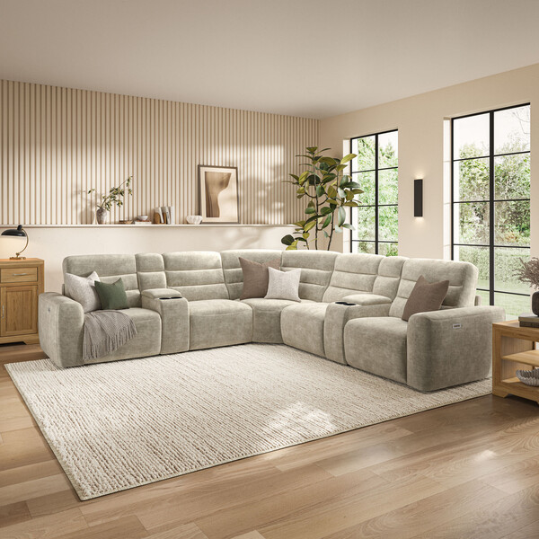 Plush Beige Fabric Sofas - Modular 5 Seat Corner Recliner - Cohen Range - Oak Furnitureland