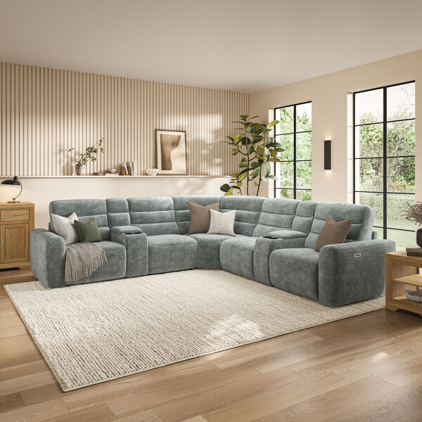 Plush Silver Fabric Sofas - Modular 5 Seat Corner Recliner - Cohen Range - Oak Furnitureland