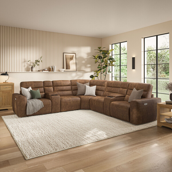 Ranch Brown Fabric Sofas - Modular 5 Seat Corner Recliner - Cohen Range - Oak Furnitureland