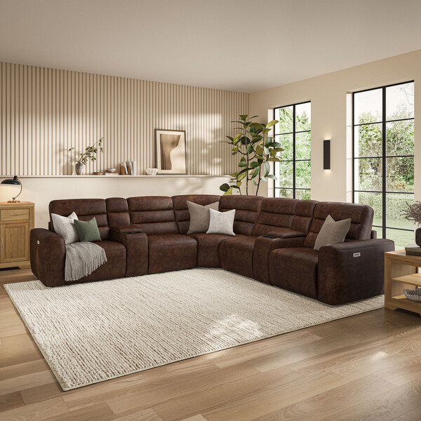 Ranch Dark Brown Fabric Sofas - Modular 5 Seat Corner Recliner - Cohen Range - Oak Furnitureland