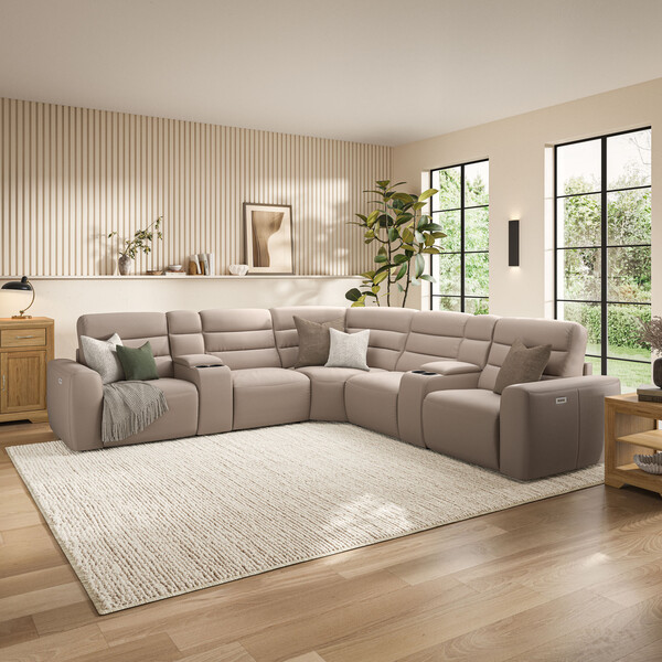 Virgo Buff Leather Sofas - Modular 5 Seat Corner Recliner - Cohen Range - Oak Furnitureland