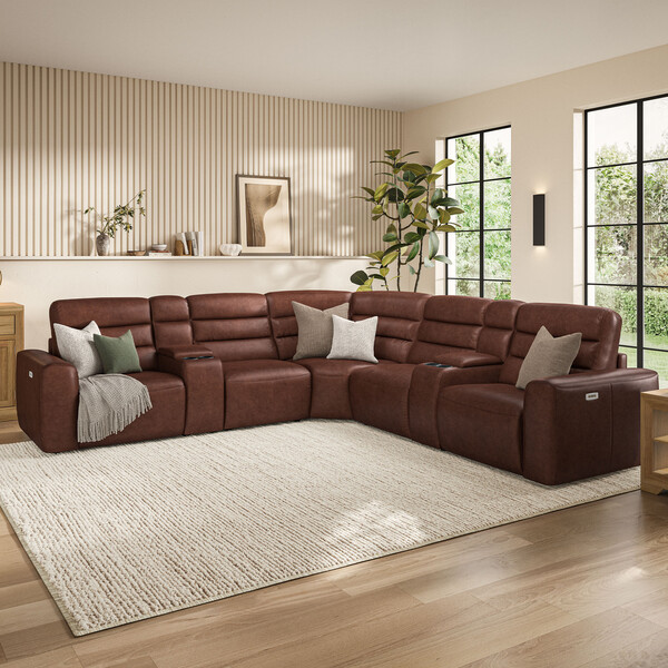 Virgo Chestnut Leather Sofas - Modular 5 Seat Corner Recliner - Cohen Range - Oak Furnitureland