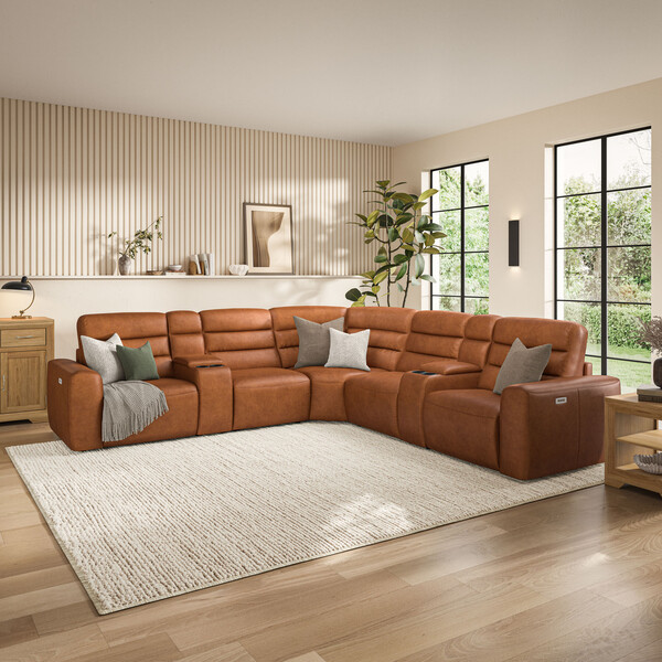 Virgo Cognac Leather Sofas - Modular 5 Seat Corner Recliner - Cohen Range - Oak Furnitureland
