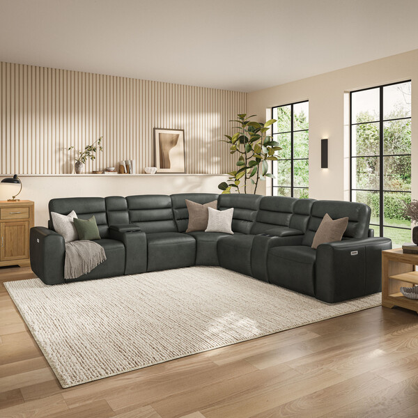 Virgo Lead Leather Sofas - Modular 5 Seat Corner Recliner - Cohen Range - Oak Furnitureland