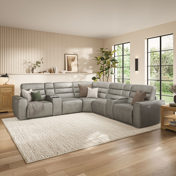 Virgo Platinum Leather Sofas - Modular 5 Seat Corner Recliner - Cohen Range - Oak Furnitureland