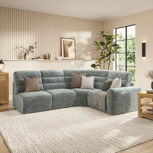 Plush Silver Fabric Sofas - Modular 4 Seat Right Hand Corner Recliner  - Cohen Range - Oak Furnitureland