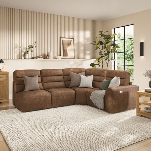 Ranch Brown Fabric Sofas - Modular 4 Seat Right Hand Corner Recliner  - Cohen Range - Oak Furnitureland