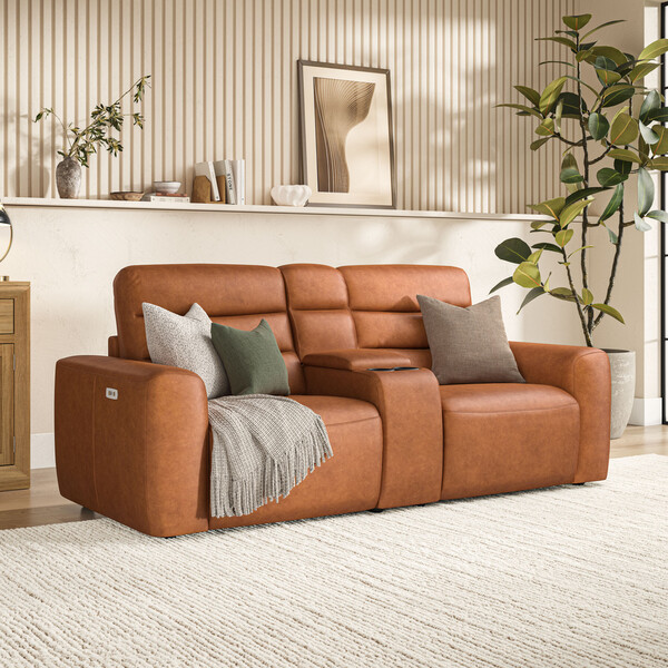 Virgo Cognac Leather Sofas - Modular 2 Seat Recliner - Cohen Range - Oak Furnitureland
