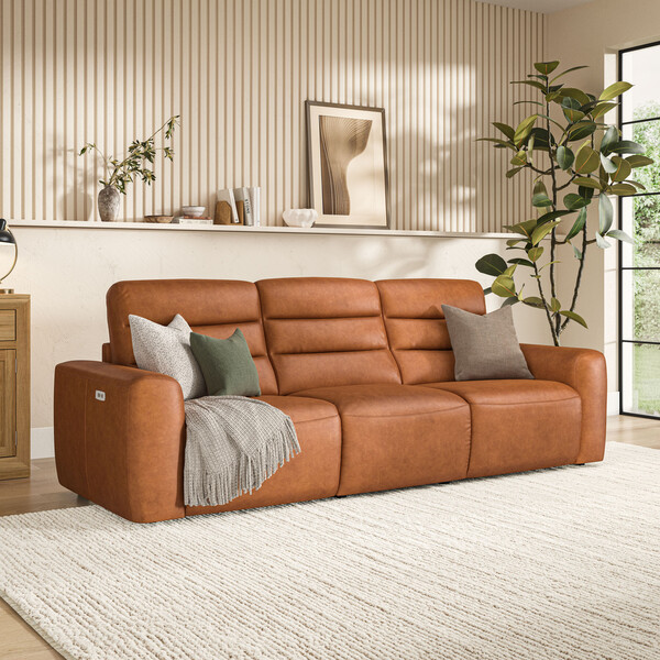 Virgo Cognac Leather Sofas - Modular 3 Seat Recliner - Cohen Range - Oak Furnitureland