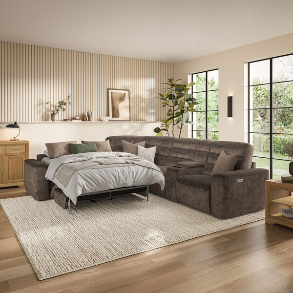Dapple Chocolate Fabric Sofas - Large Corner Recliner with Left Hand Sofa Bed - Cohen Range - Oak Furnitureland