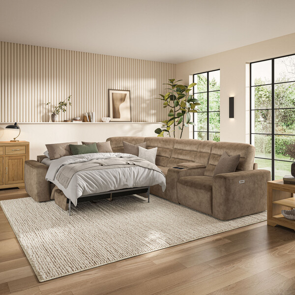 Dapple Taupe Fabric Sofas - Large Corner Recliner with Left Hand Sofa Bed - Cohen Range - Oak Furnitureland