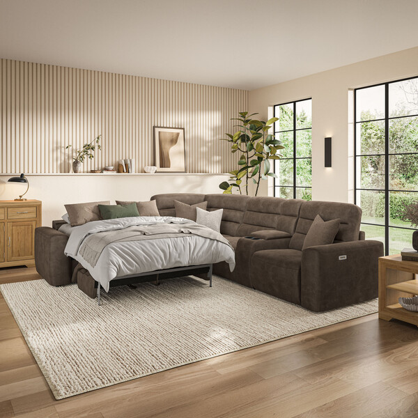 Miller Earth Brown Fabric Sofas - Large Corner Recliner with Left Hand Sofa Bed - Cohen Range - Oak Furnitureland