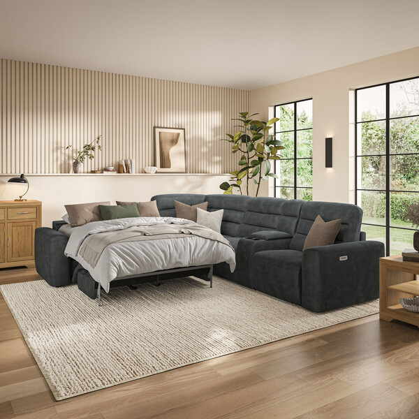 Miller Grey Fabric Sofas - Large Corner Recliner with Left Hand Sofa Bed - Cohen Range - Oak Furnitureland