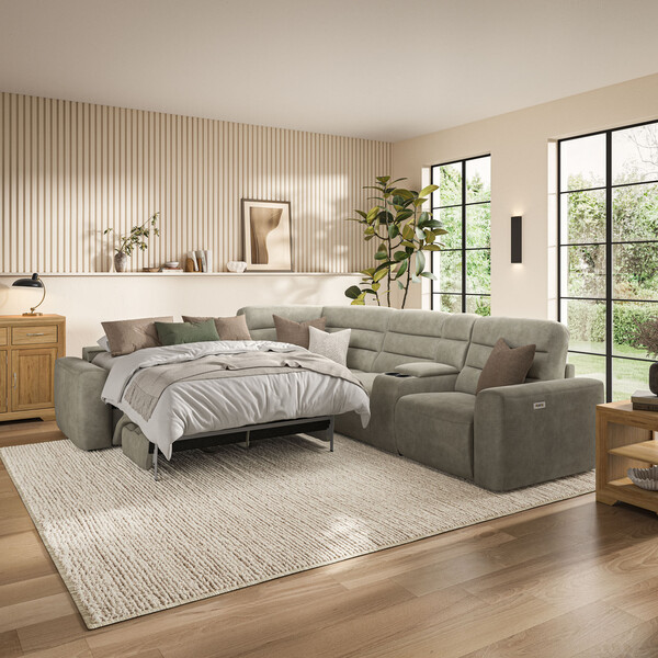 Miller Taupe Fabric Sofas - Large Corner Recliner with Left Hand Sofa Bed - Cohen Range - Oak Furnitureland