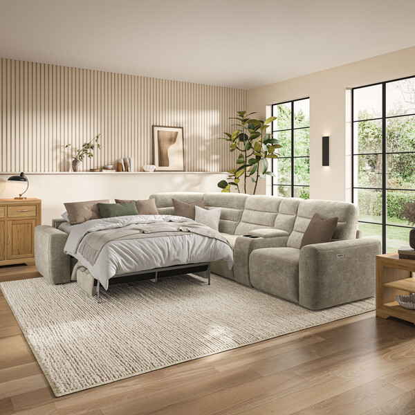 Plush Beige Fabric Sofas - Large Corner Recliner with Left Hand Sofa Bed - Cohen Range - Oak Furnitureland