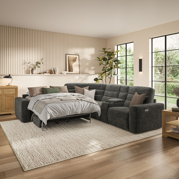 Plush Charcoal Fabric Sofas - Large Corner Recliner with Left Hand Sofa Bed - Cohen Range - Oak Furnitureland