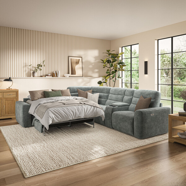 Plush Silver Fabric Sofas - Large Corner Recliner with Left Hand Sofa Bed - Cohen Range - Oak Furnitureland