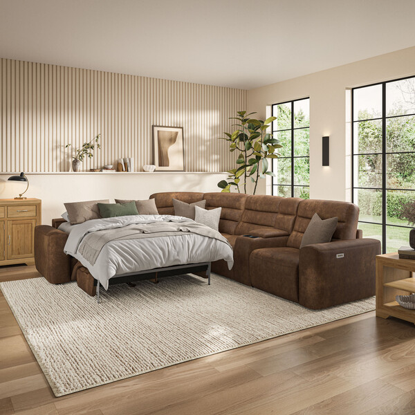 Ranch Brown Fabric Sofas - Large Corner Recliner with Left Hand Sofa Bed - Cohen Range - Oak Furnitureland
