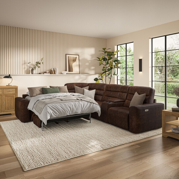 Ranch Dark Brown Fabric Sofas - Large Corner Recliner with Left Hand Sofa Bed - Cohen Range - Oak Furnitureland