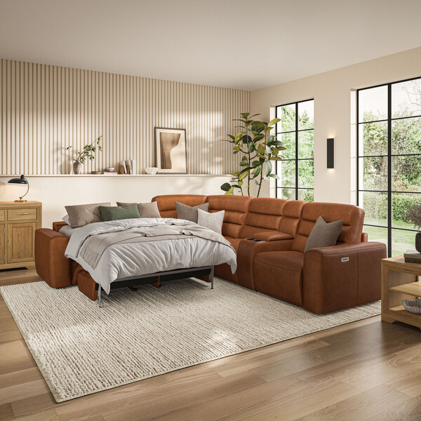 Virgo Cognac Leather Sofas - Large Corner Recliner with Left Hand Sofa Bed - Cohen Range - Oak Furnitureland