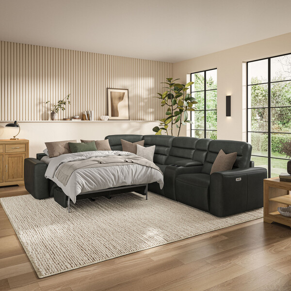 Virgo Lead Leather Sofas - Large Corner Recliner with Left Hand Sofa Bed - Cohen Range - Oak Furnitureland