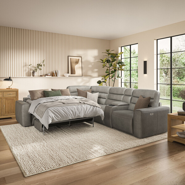 Virgo Platinum Leather Sofas - Large Corner Recliner with Left Hand Sofa Bed - Cohen Range - Oak Furnitureland