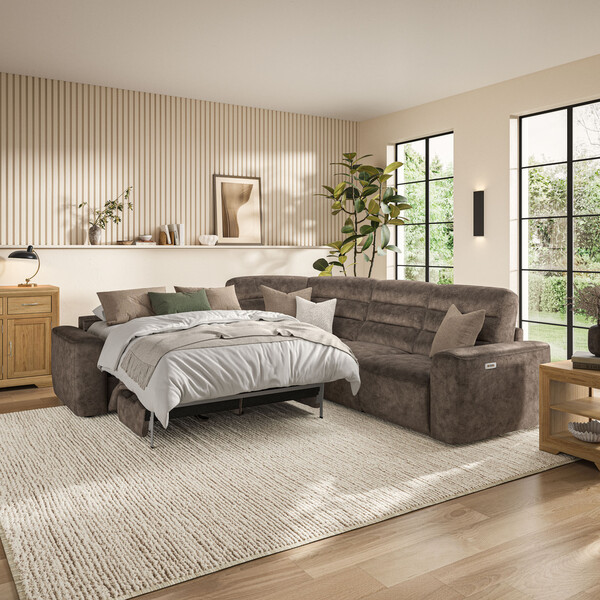 Dapple Chocolate Fabric Sofas - Large Corner Recliner with Left Hand Sofa Bed - Cohen Range - Oak Furnitureland