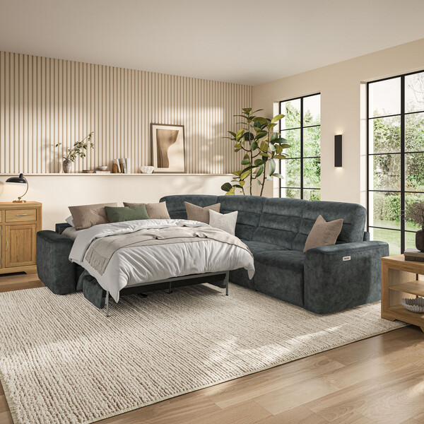 Dapple Grey Fabric Sofas - Large Corner Recliner with Left Hand Sofa Bed - Cohen Range - Oak Furnitureland