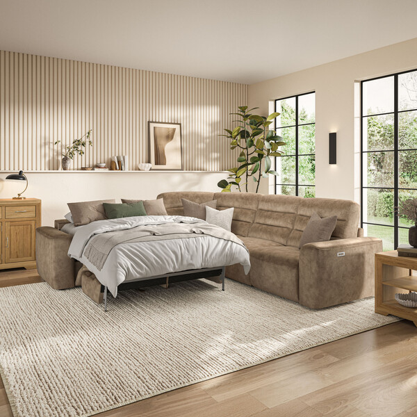 Dapple Taupe Fabric Sofas - Large Corner Recliner with Left Hand Sofa Bed - Cohen Range - Oak Furnitureland