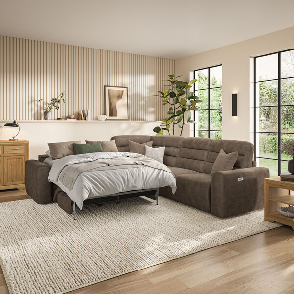 Miller Earth Brown Fabric Sofas - Large Corner Recliner with Left Hand Sofa Bed - Cohen Range - Oak Furnitureland