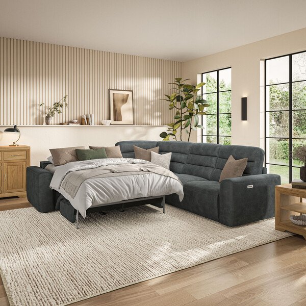 Miller Grey Fabric Sofas - Large Corner Recliner with Left Hand Sofa Bed - Cohen Range - Oak Furnitureland