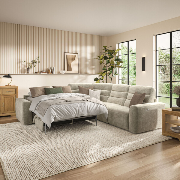 Plush Beige Fabric Sofas - Large Corner Recliner with Left Hand Sofa Bed - Cohen Range - Oak Furnitureland