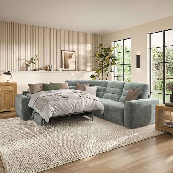 Plush Silver Fabric Sofas - Large Corner Recliner with Left Hand Sofa Bed - Cohen Range - Oak Furnitureland