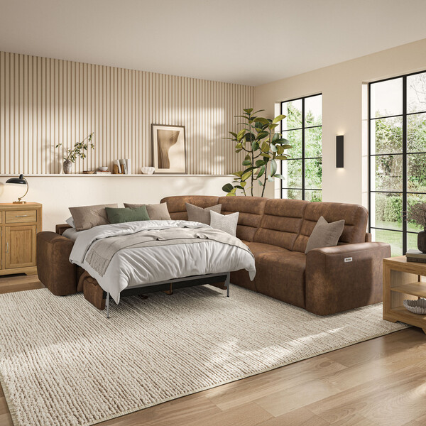 Ranch Brown Fabric Sofas - Large Corner Recliner with Left Hand Sofa Bed - Cohen Range - Oak Furnitureland