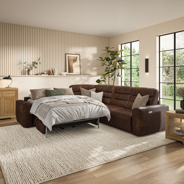Ranch Dark Brown Fabric Sofas - Large Corner Recliner with Left Hand Sofa Bed - Cohen Range - Oak Furnitureland