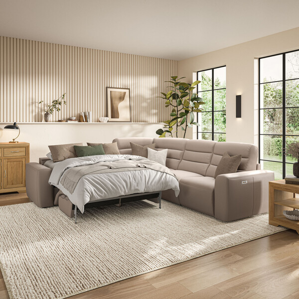 Virgo Buff Leather Sofas - Large Corner Recliner with Left Hand Sofa Bed - Cohen Range - Oak Furnitureland