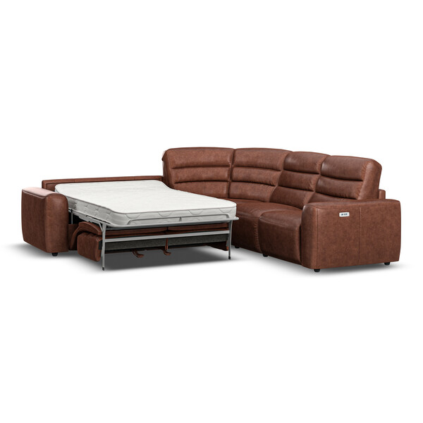Virgo Chestnut Leather Sofas - Large Corner Recliner with Left Hand Sofa Bed - Cohen Range - Oak Furnitureland