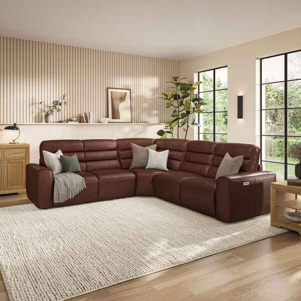 Virgo Chestnut Leather Sofas - Large Corner Recliner with Left Hand Sofa Bed - Cohen Range - Oak Furnitureland