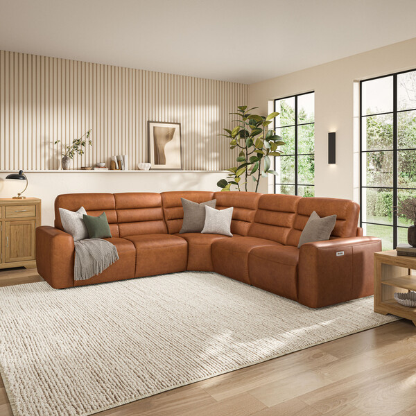 Virgo Cognac Leather Sofas - Large Corner Recliner with Left Hand Sofa Bed - Cohen Range - Oak Furnitureland