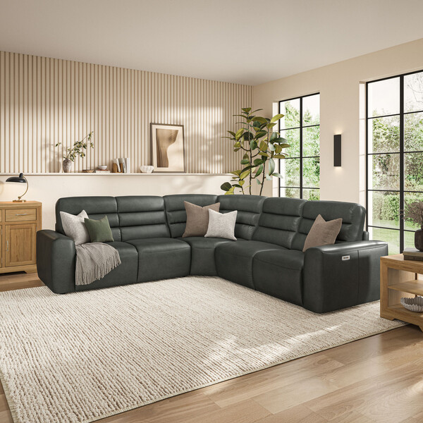 Virgo Lead Leather Sofas - Large Corner Recliner with Left Hand Sofa Bed - Cohen Range - Oak Furnitureland