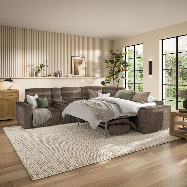 Dapple Chocolate Fabric Sofas - Large Corner Recliner with Right Hand Sofa Bed - Cohen Range - Oak Furnitureland