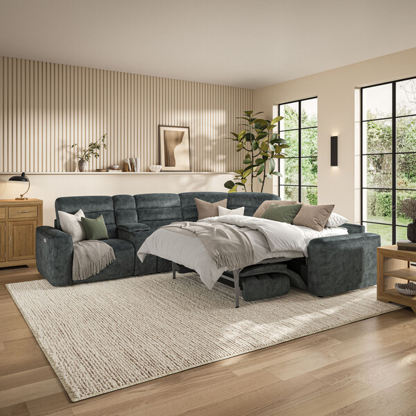 Dapple Grey Fabric Sofas - Large Corner Recliner with Right Hand Sofa Bed - Cohen Range - Oak Furnitureland