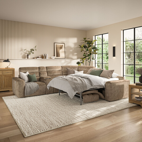 Dapple Taupe Fabric Sofas - Large Corner Recliner with Right Hand Sofa Bed - Cohen Range - Oak Furnitureland