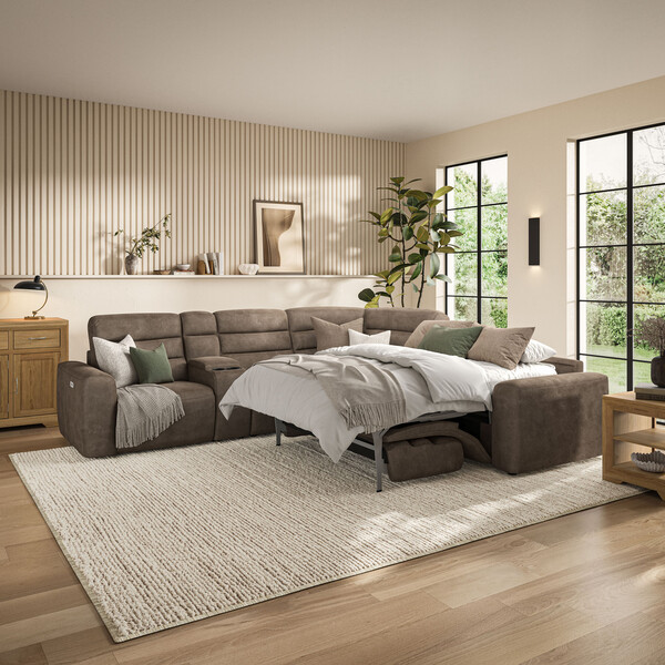 Miller Earth Brown Fabric Sofas - Large Corner Recliner with Right Hand Sofa Bed - Cohen Range - Oak Furnitureland