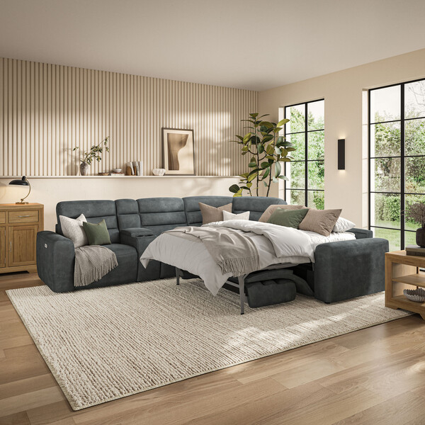 Miller Grey Fabric Sofas - Large Corner Recliner with Right Hand Sofa Bed - Cohen Range - Oak Furnitureland