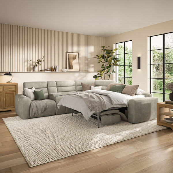 Miller Taupe Fabric Sofas - Large Corner Recliner with Right Hand Sofa Bed - Cohen Range - Oak Furnitureland